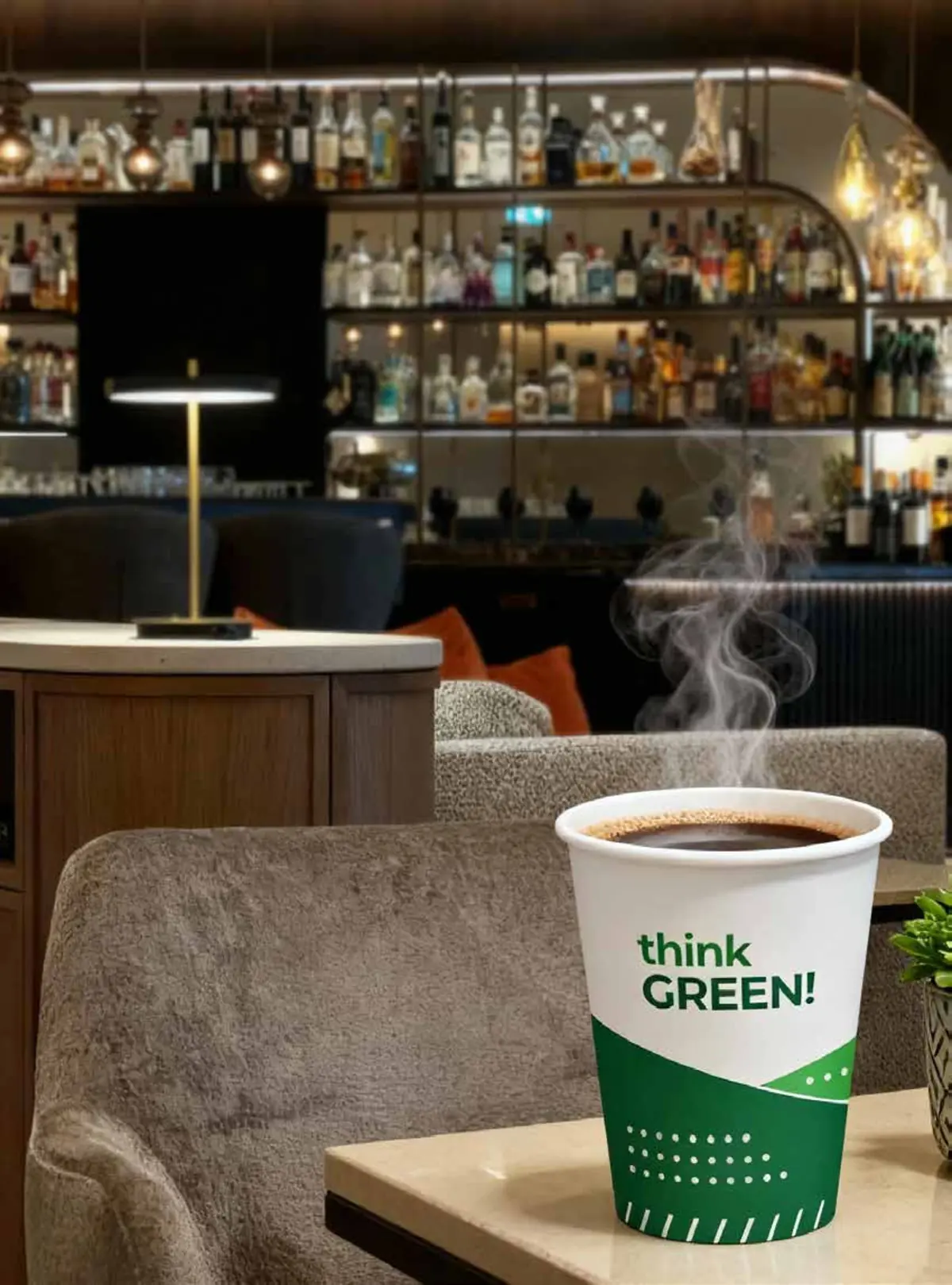 Bicchiere in carta con caffè caldo sul tavolino di un bar