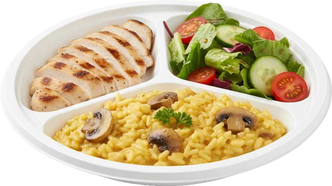 Piatto monouso a tre comparti con pollo, riso e insalata